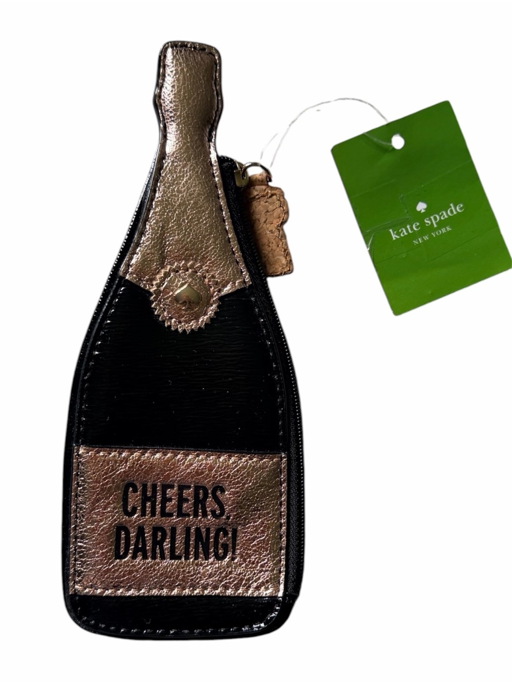 Kate Spade 'Cheers Darling' Champagne Bottle Coin Pouch - Black & Rose Gold